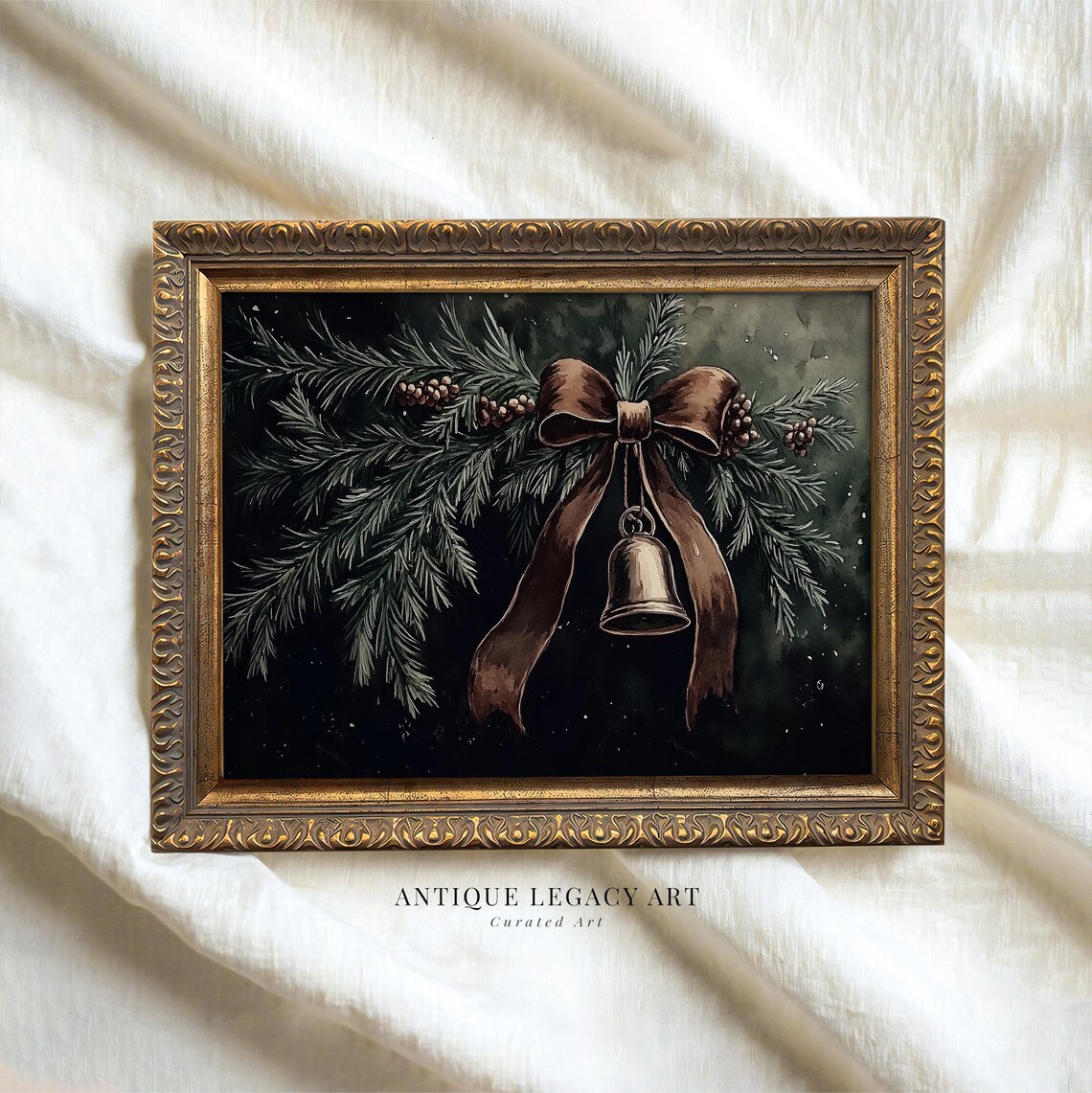 Vintage Christmas Bell Pine Branches Brown Ribbon Holiday Poster