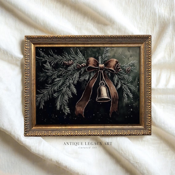 Vintage Christmas Bell Pine Branches Brown Ribbon Holiday Poster