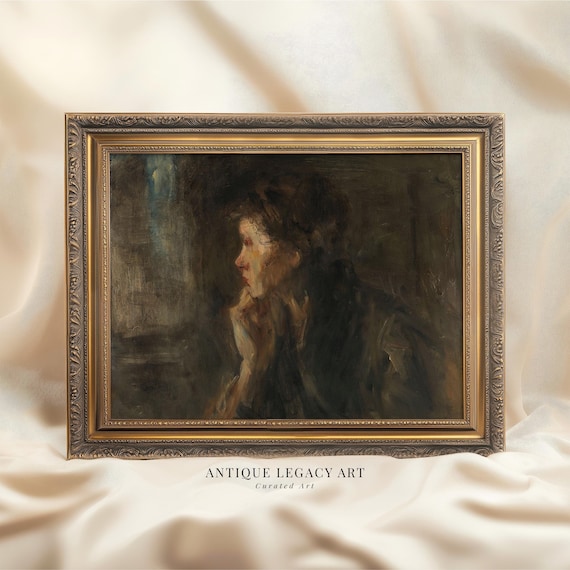 Vintage Moody Victorian Woman Portrait Print Antique Dark Academia Painting Wall Art Muted Gothic Decor