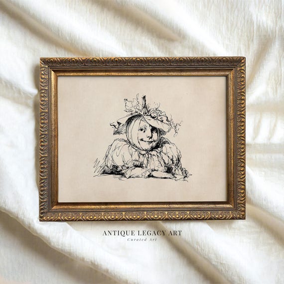 Funny Jack O Lantern Ink Sketch Print Halloween Pumpkin Line Drawing Wall Art Vintage Spooky Fall Kitchen Decor