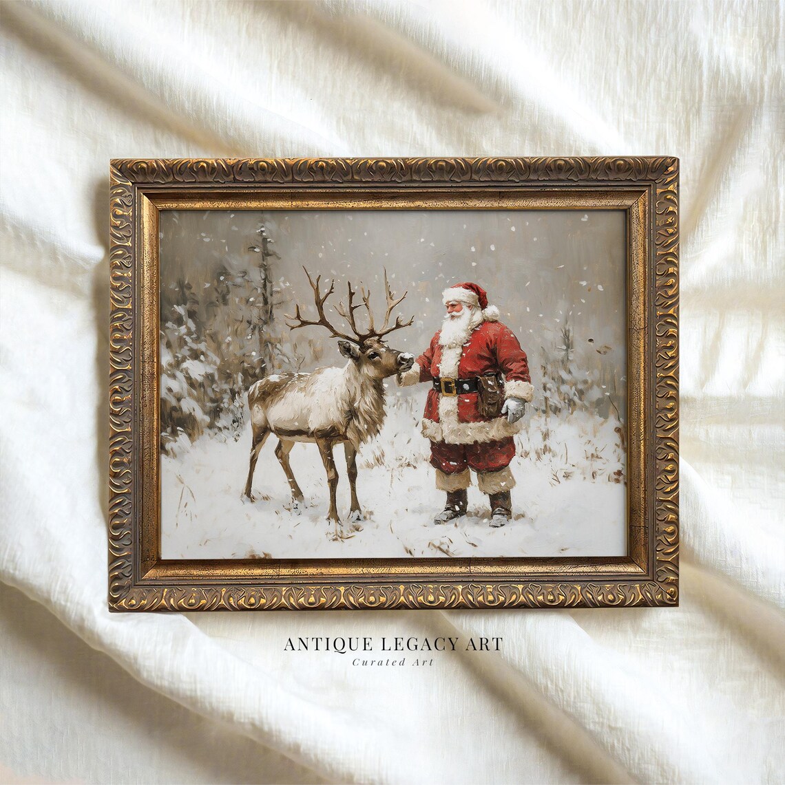 Santa Claus With Reindeer in Snow Vintage Christmas Painting Art Poster