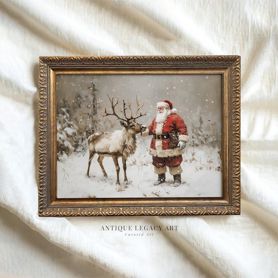 Santa Claus With Reindeer in Snow Vintage Christmas Painting Art Poster