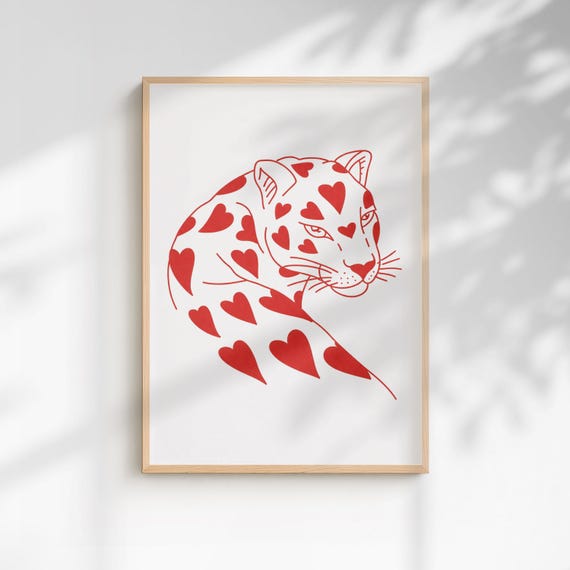 Heart Leopard Poster Y2k Coquette Wall Art Red Animal Print Illustration