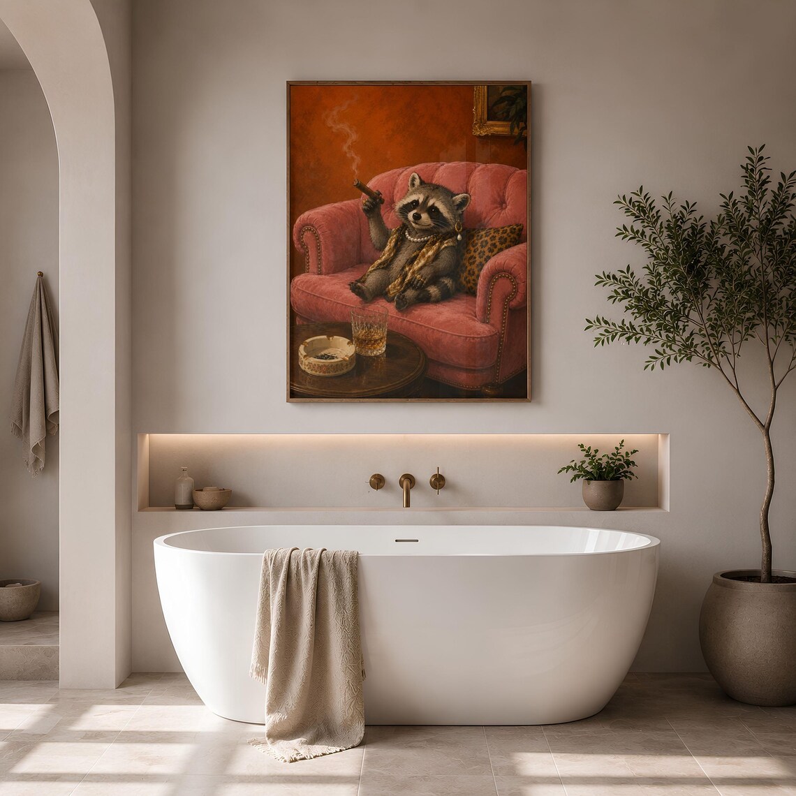 Luxury Raccoon Smoking Cigar Whiskey Funny Animal Oil Painting Art Print