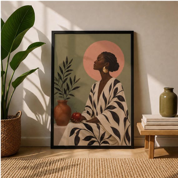 Mediterranean Woman Portrait Print Botanical Wall Art Olive Green Figure Artwork