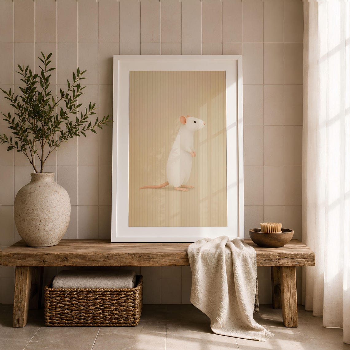 Minimalist White Mouse Illustration Neutral Cottage Art Poster