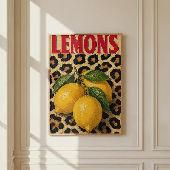 Lemon Leopard Print, Vintage Citrus Kitchen Art Print