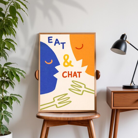 Eat and Chat Abstract Faces Poster Colorful Retro Kitchen Typography Wall Decor