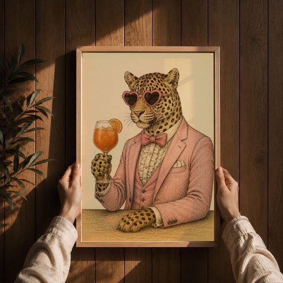 Funny Leopard Cocktail Print Whimsical Animal Wall Art Quirky Bar Decor Download