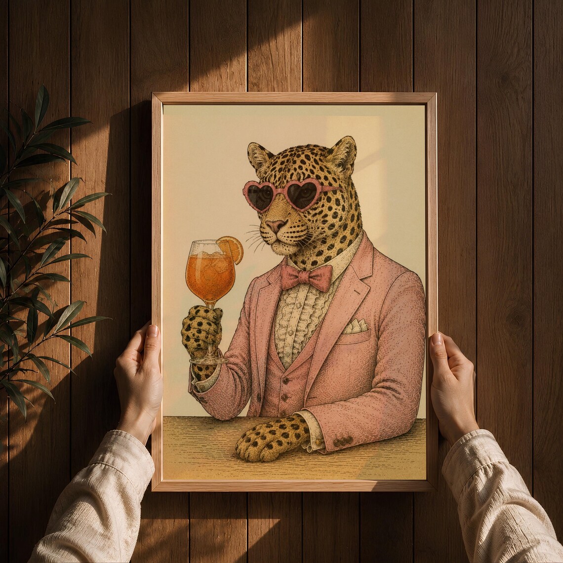 Leopard In Pink Suit Heart Sunglasses Cocktail Quirky Bar Poster