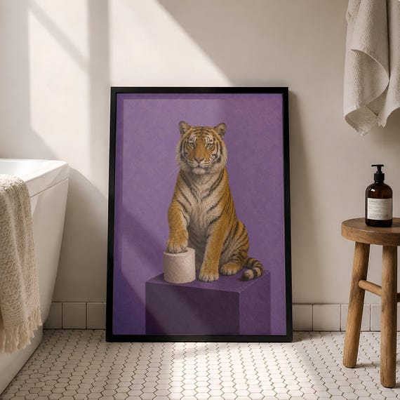 Funny Tiger Bathroom Wall Art Vintage Animal Toilet Paper Print