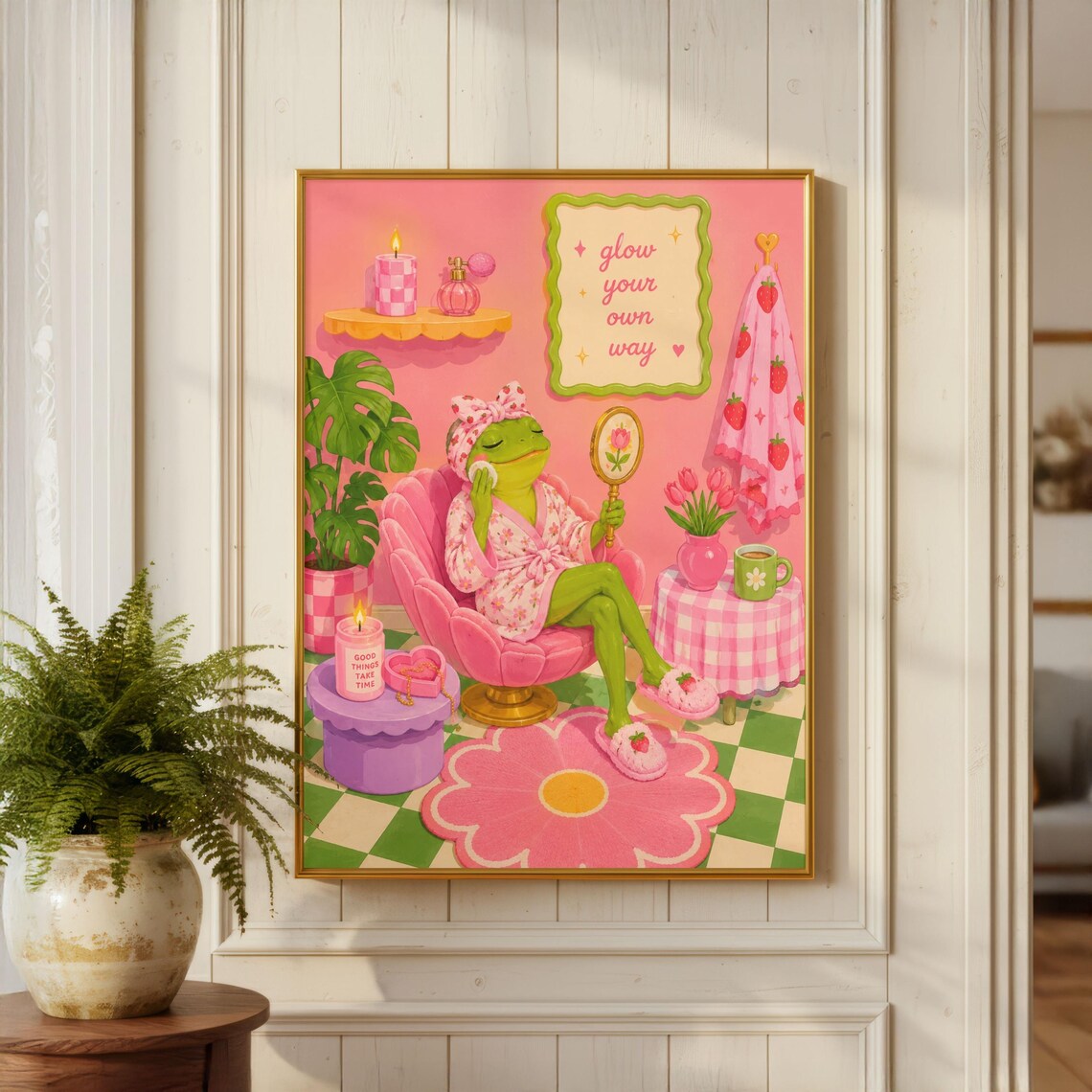 Pink Frog Bathroom, Whimsical Coquette Art Print