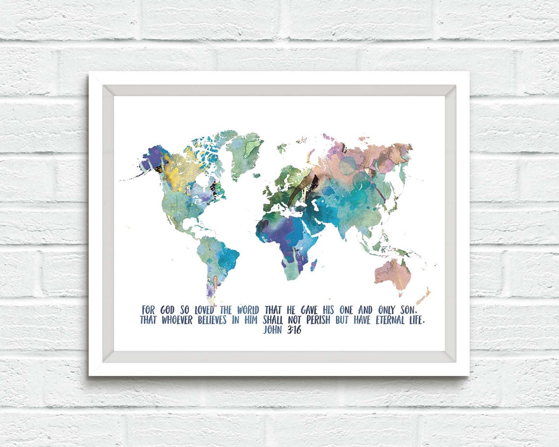 John 316 World Map Watercolor Scripture Verse Christian Wall Art - Image 2