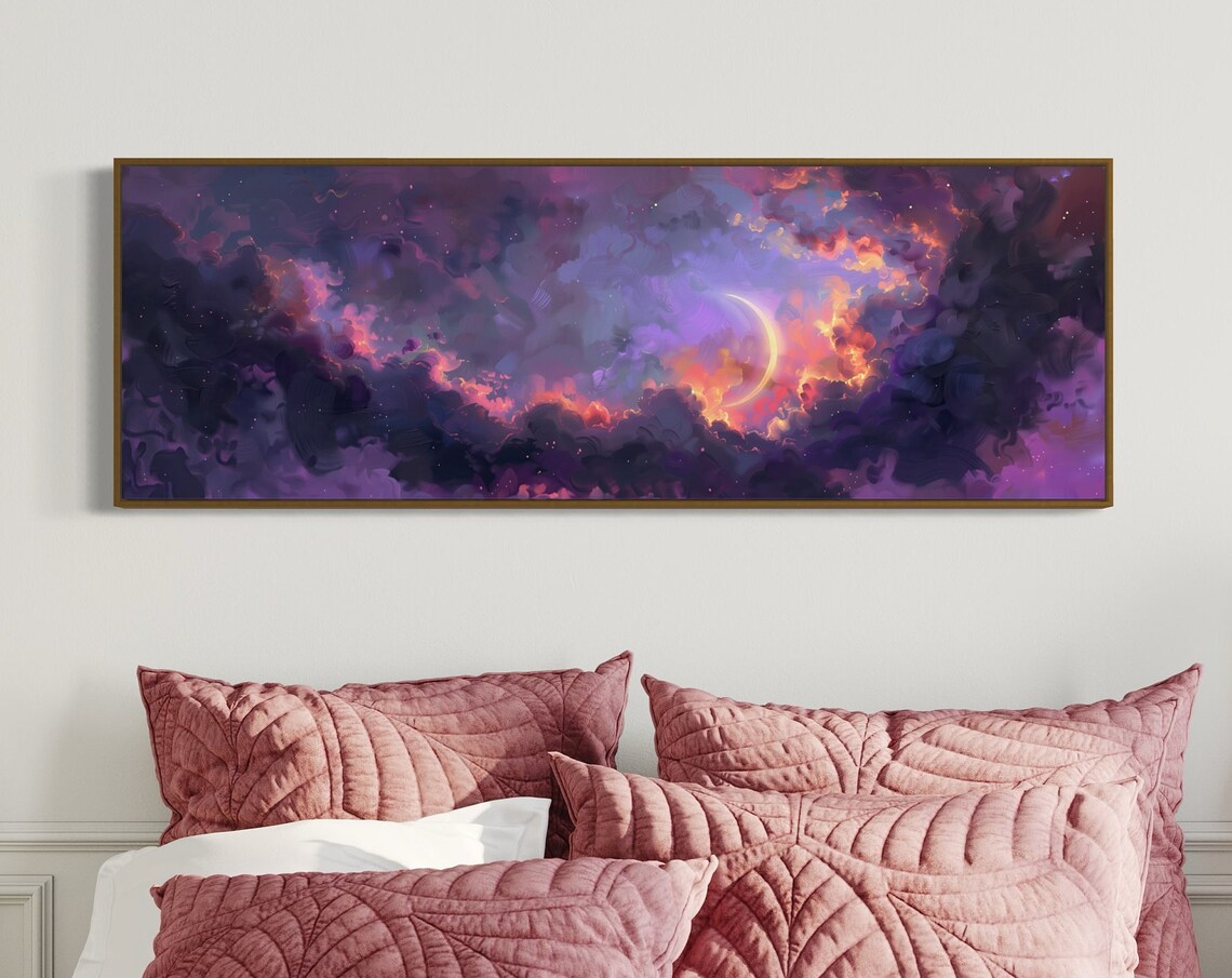Crescent Moon Sky Art Print, Colorful Celestial Night