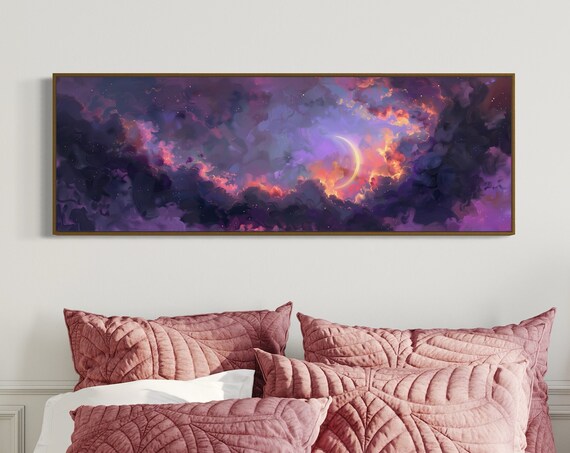 Crescent Moon Sky Art Print, Colorful Celestial Night
