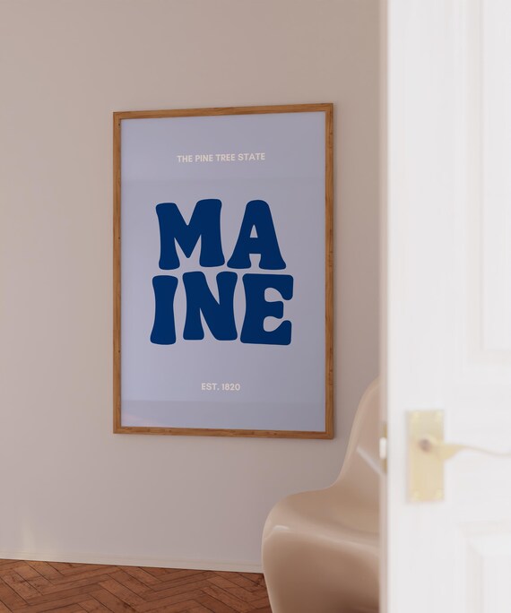 Maine The Pine Tree State Navy Blue Typography Travel Poster