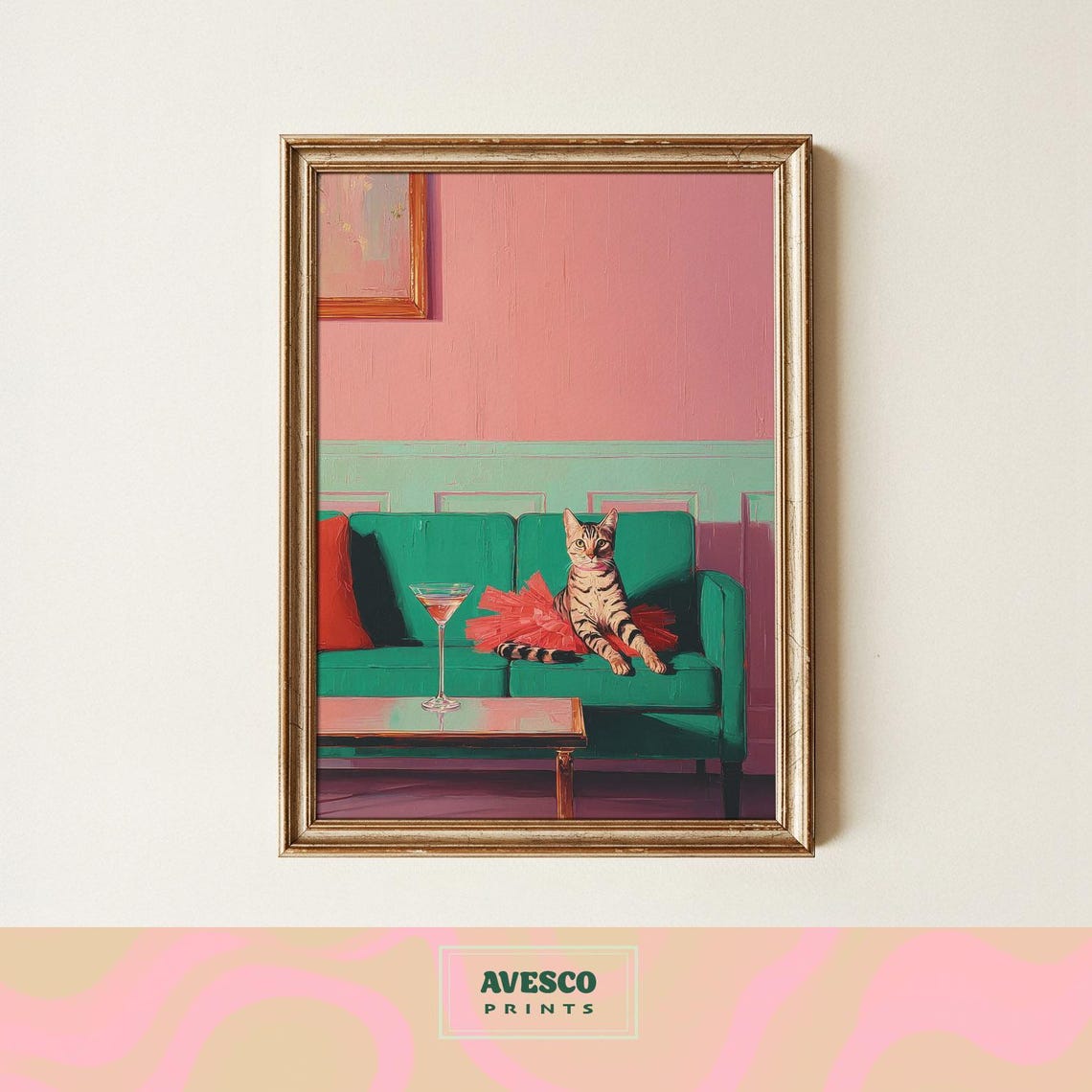 Tabby Cat Wearing A Pink Tutu On A Vintage Green Sofa Poster