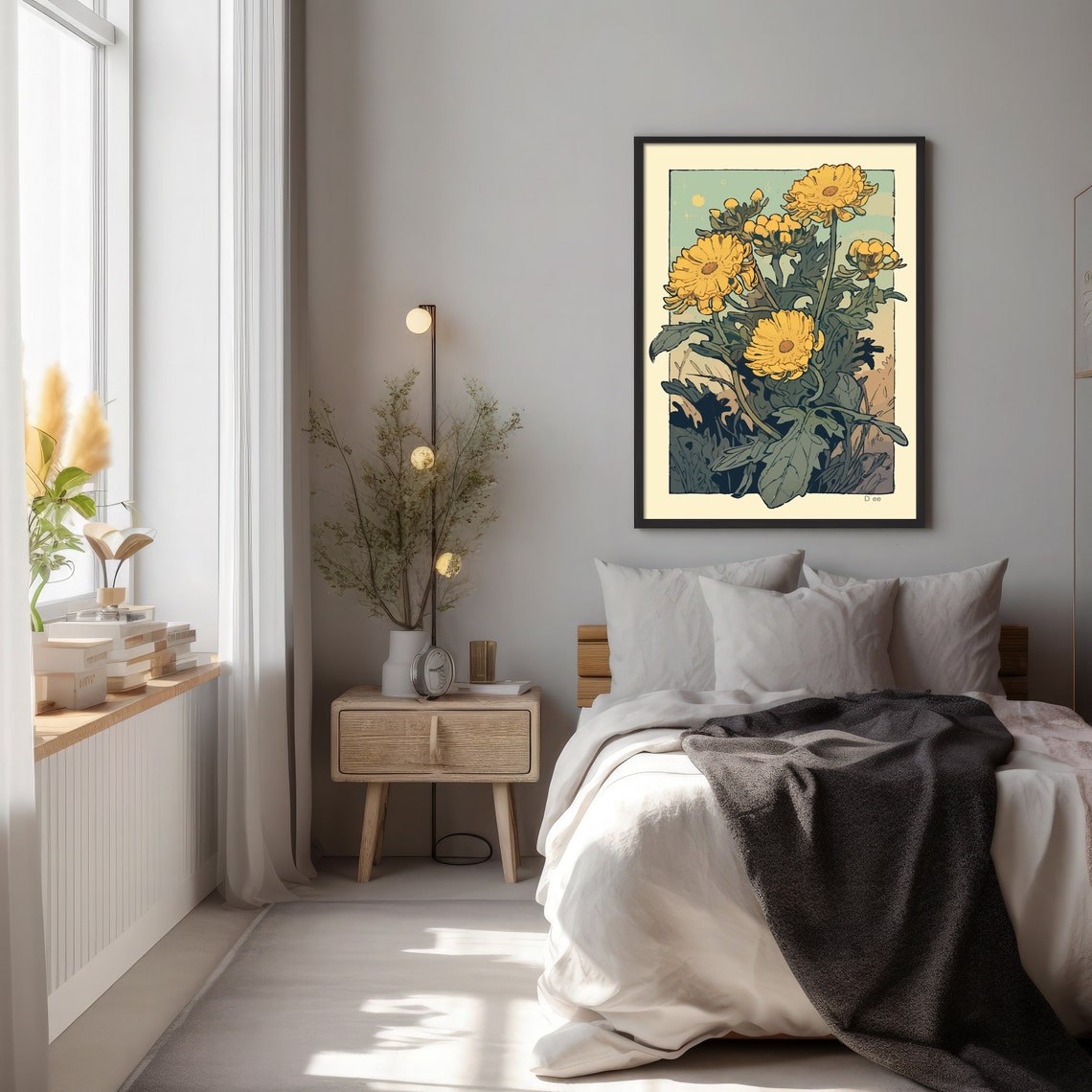 Golden Yellow Chrysanthemum Blooms Vintage Botanical Art Print - Image 2
