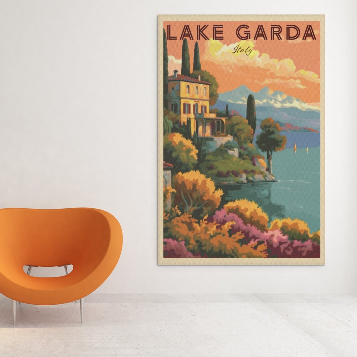 Lake Garda Italy Cypress Villa on the Water at Sunset Travel Poster - Image 2