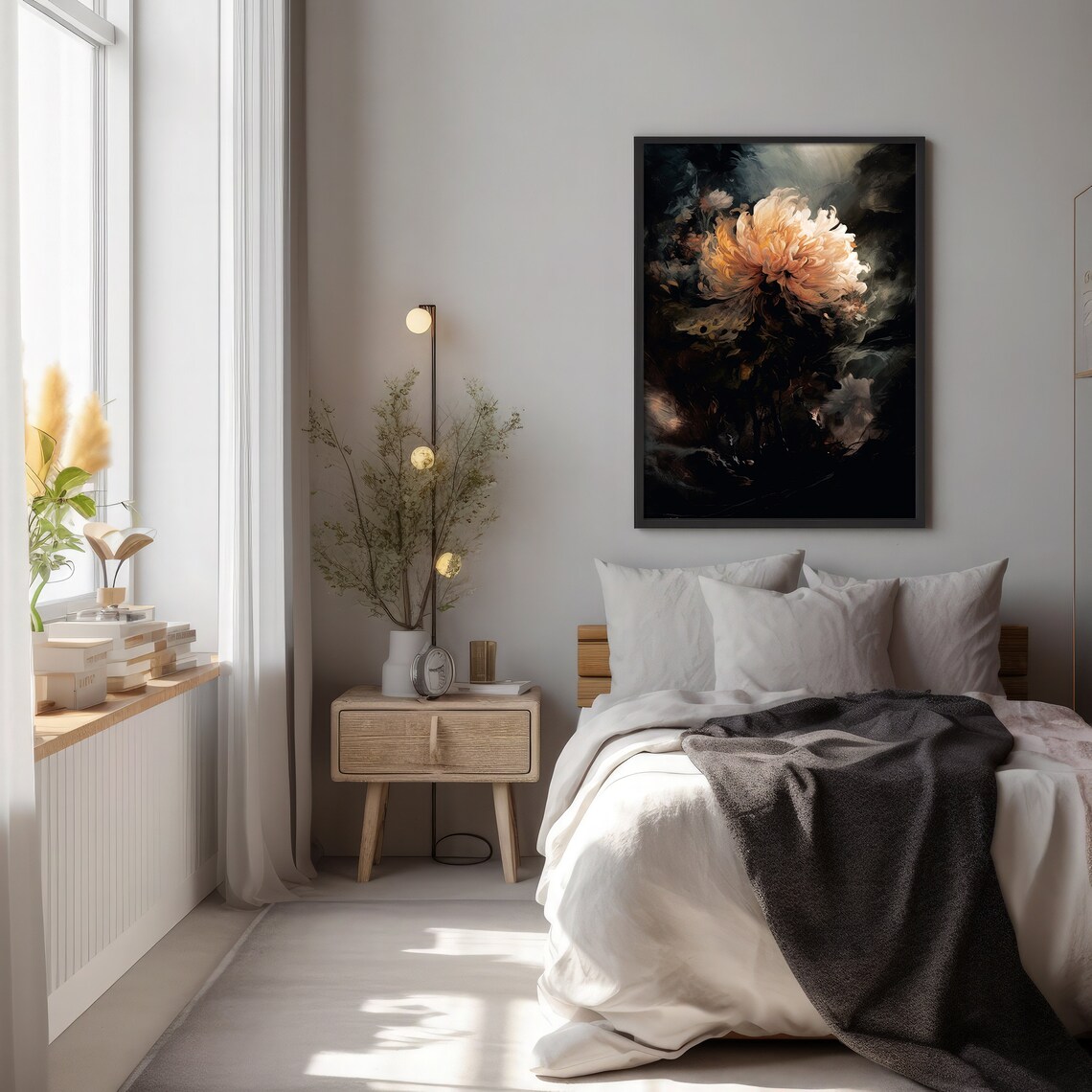 Elegant Moody Peony Bloom in Champagne Tones on a Black Backdrop Poster - Image 2