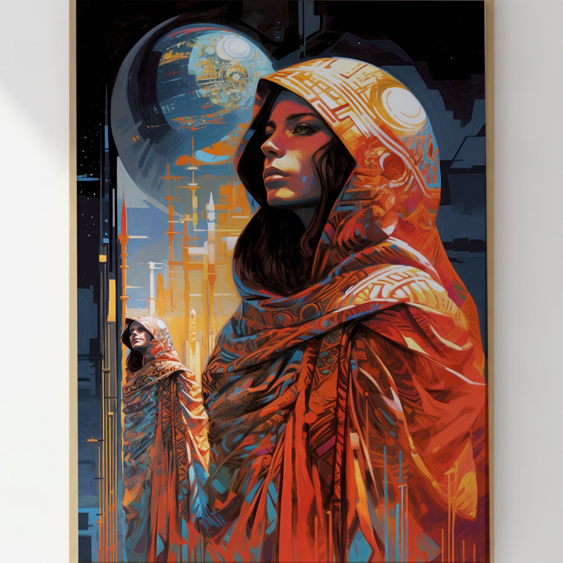 Dune Inspired Hooded Woman in Orange Robes Sci Fi Art Poster - Image 2