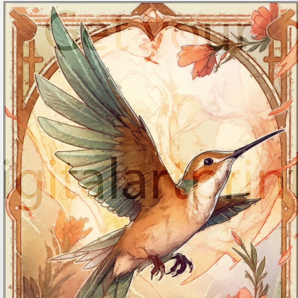 Mucha Inspired Hummingbird in Flight Art Nouveau Watercolor Bird Poster - Image 3