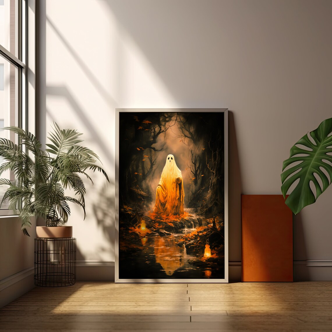 Glowing Sheet Ghost by a Waterfall in an Autumn Forest Poster - Image 3