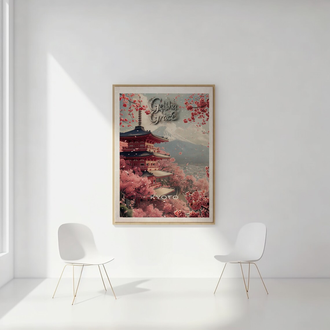Kyoto Geisha Grace Pagoda Cherry Blossom and Mountain Japan Poster - Image 2