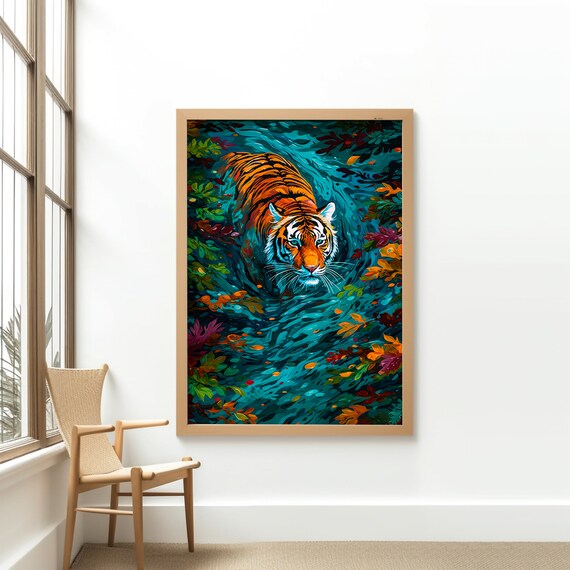 Tiger Swimming in Teal Water With Tropical Leaves Vibrant Art Print