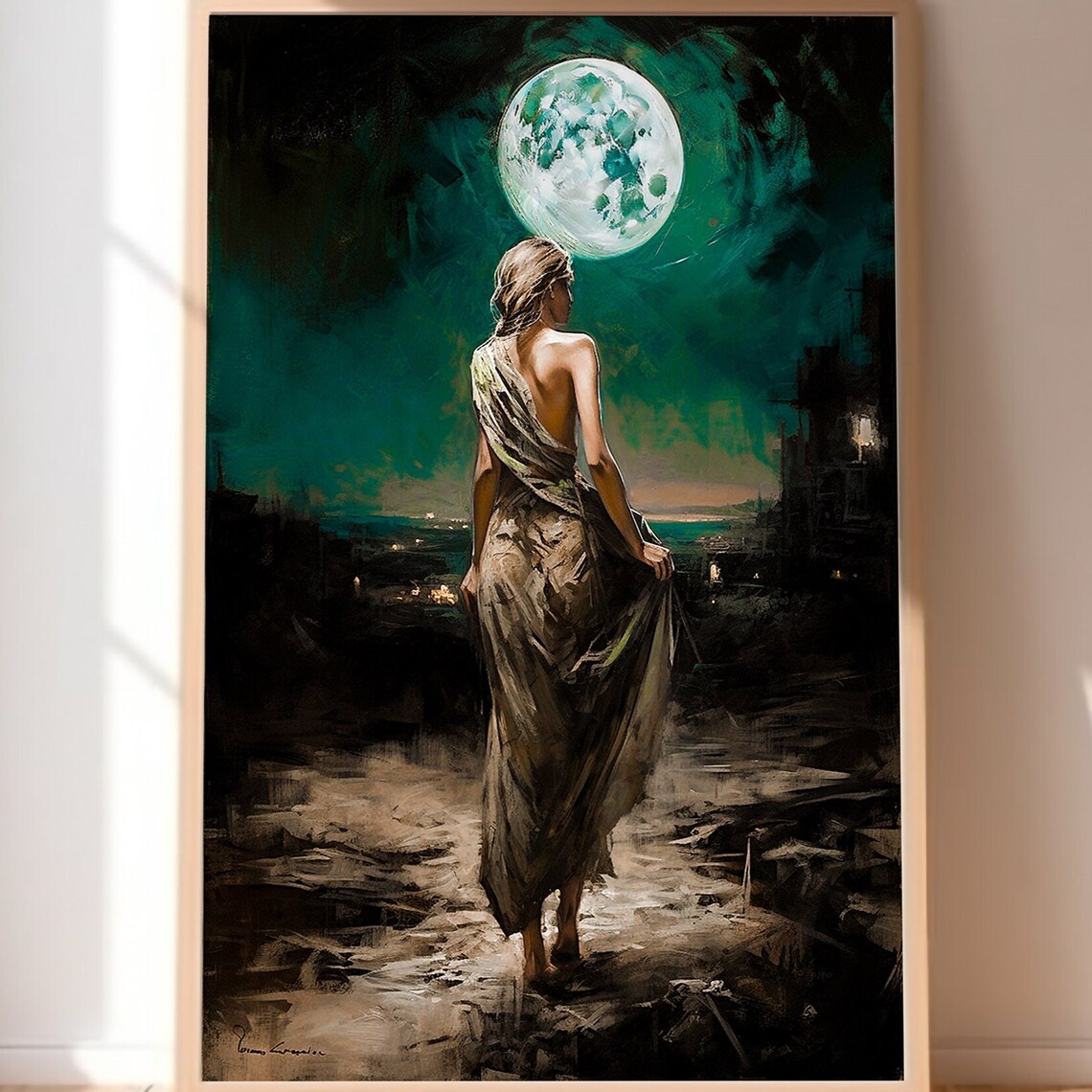 Witch Woman Walking Toward a Glowing Full Moon Dark Fantasy Art Print - Image 3