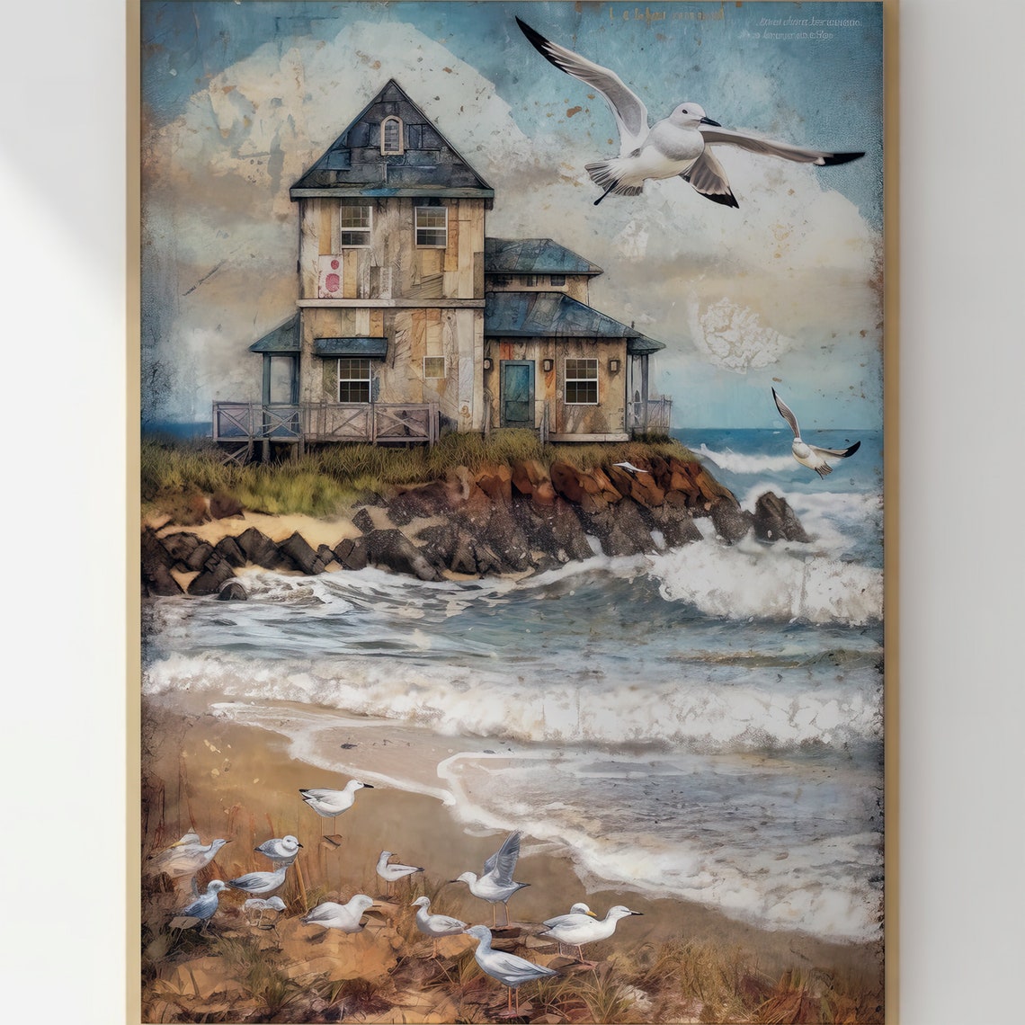 Seaside Cottage with Seagulls Coastal House Beach Waves Wall Art - Image 3