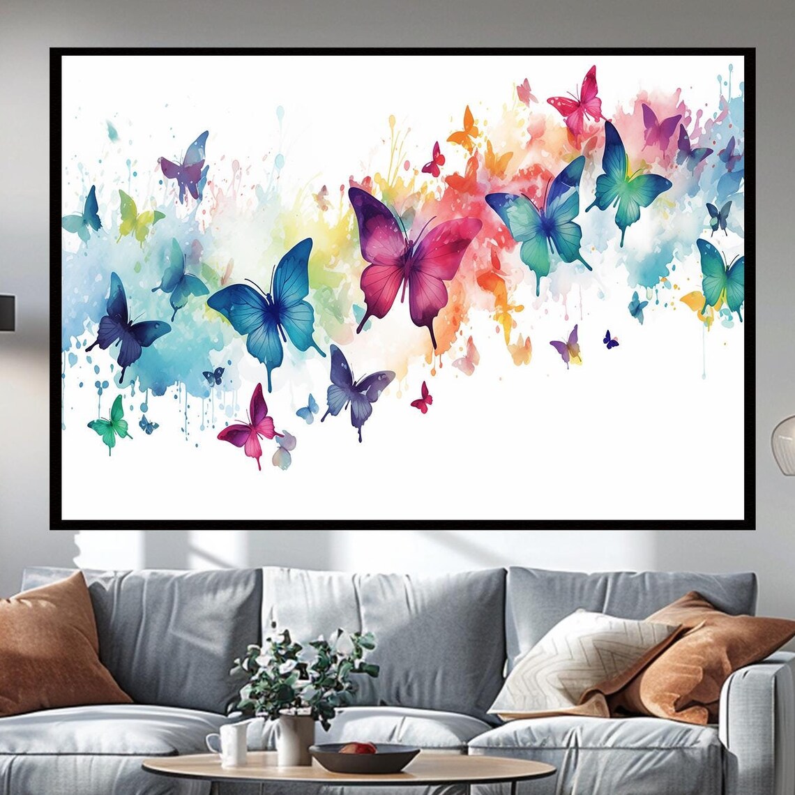 Rainbow Watercolor Butterflies Swirl White Background Bright Poster