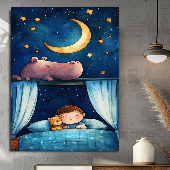 Sleeping Baby Under Moonlit Sky with Teddy Bear Nursery Poster