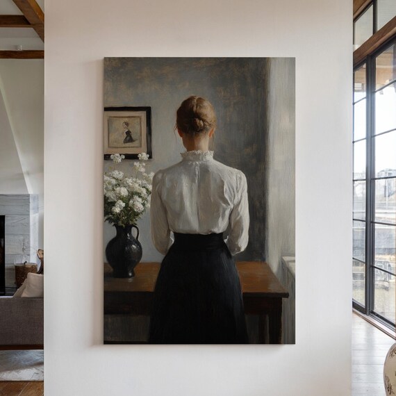 Vintage Woman Portrait Back View White Blouse Dark Skirt Classic Oil Painting Poster
