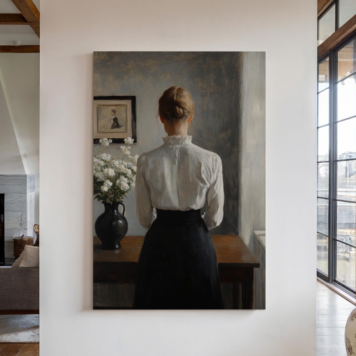 Vintage Woman Portrait Back View White Blouse Dark Skirt Classic Oil Painting Poster