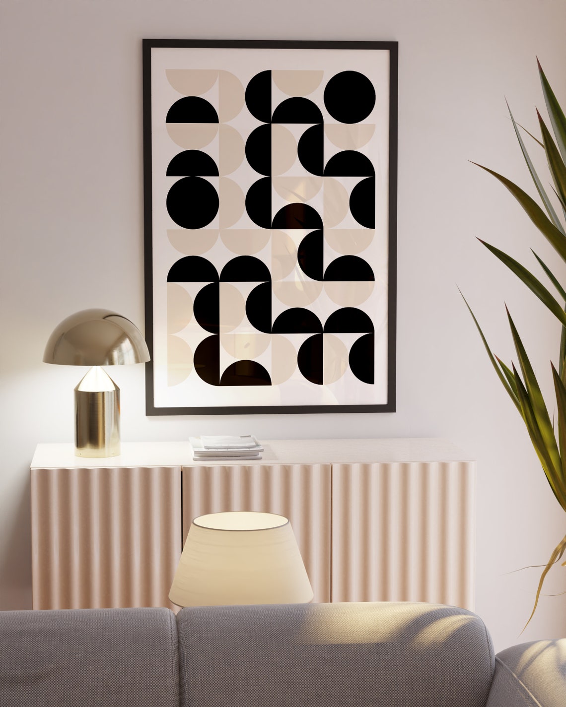 Black Beige Half Circle Pattern Grid Mid Century Modern Poster - Image 2