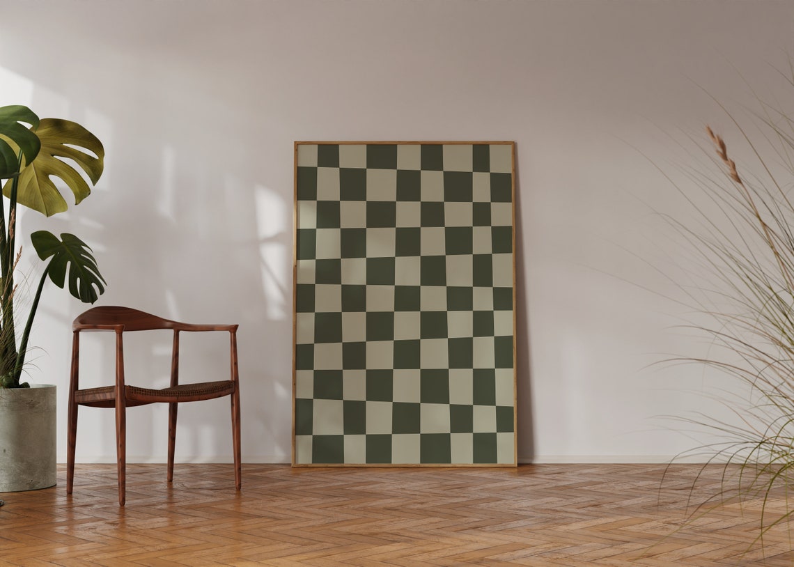 Olive Green Checkerboard Bold Earthy Retro Pattern Art Poster - Image 4