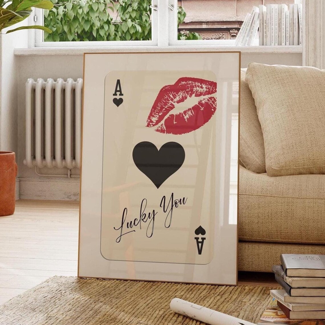 Ace of Hearts Lucky You Red Lipstick Kiss Card Trendy Poster