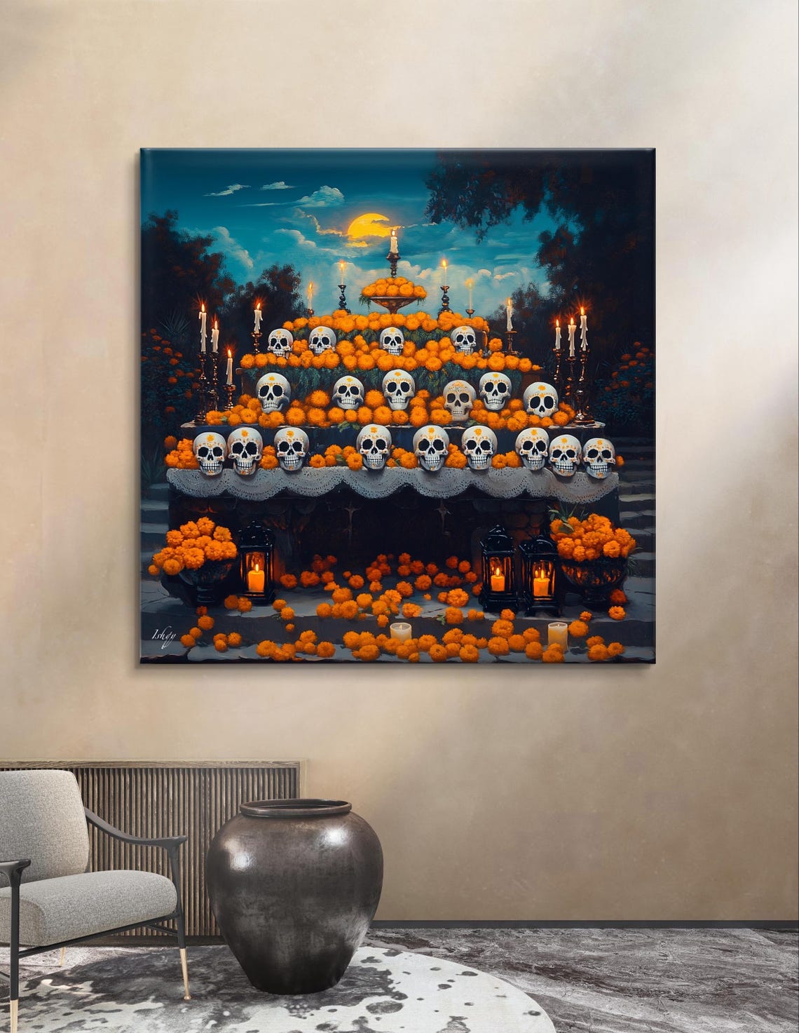 Dia de los Muertos Ofrenda Marigold Night Candlelight Poster - Image 5