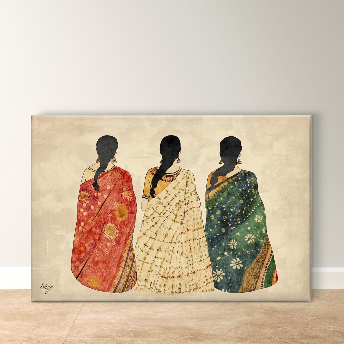 Three Graceful Women in Sarees Back View Indian Heritage Art Poster