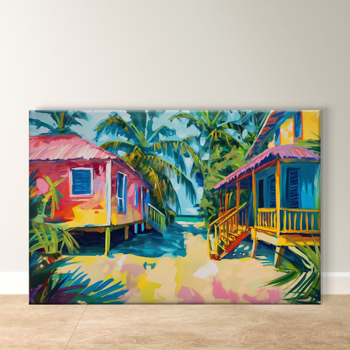Placencia Belize Beach Bungalows in Bright Colors Art Poster