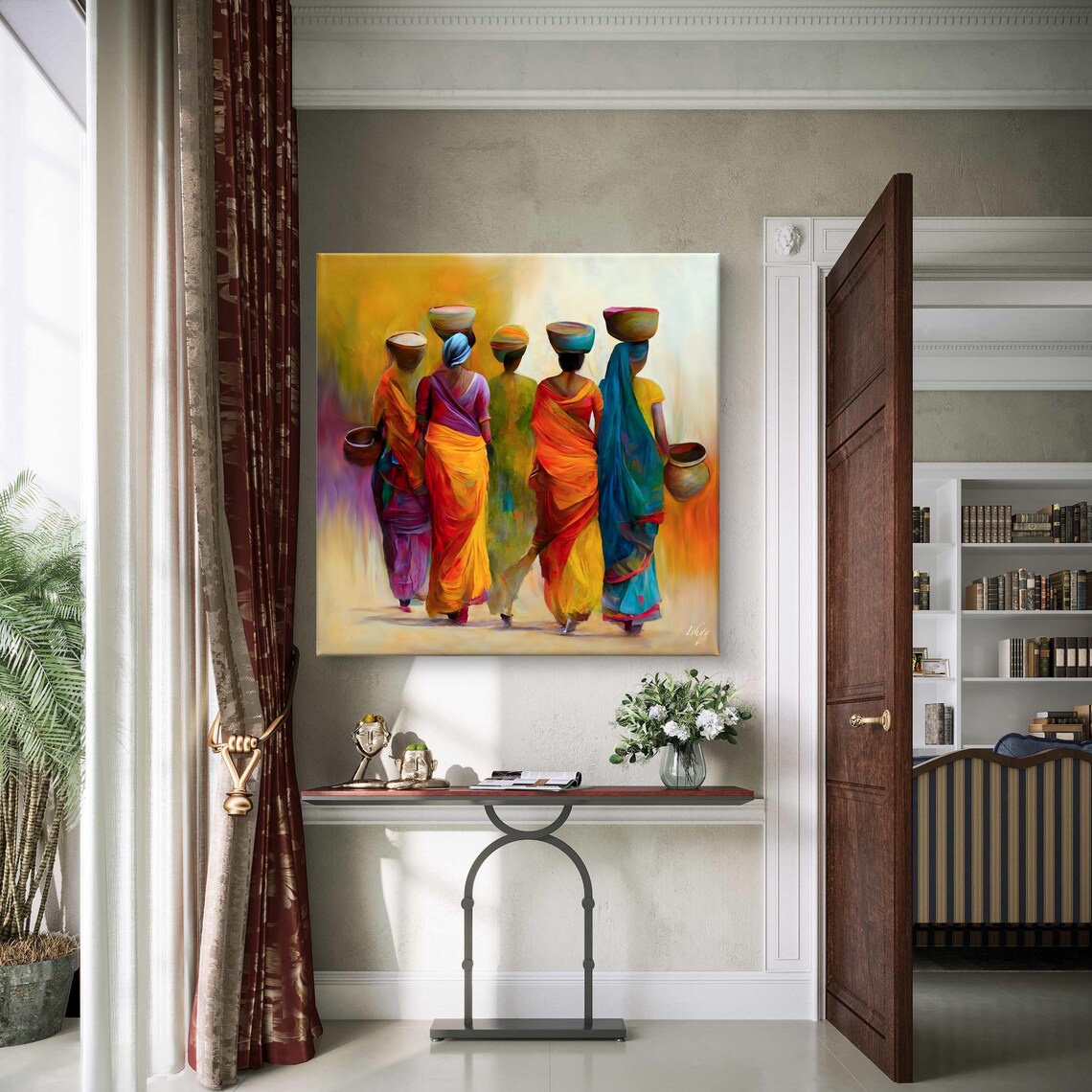 Women in Sarees Carrying Water Pots Vibrant Heritage Scene Poster - Image 4