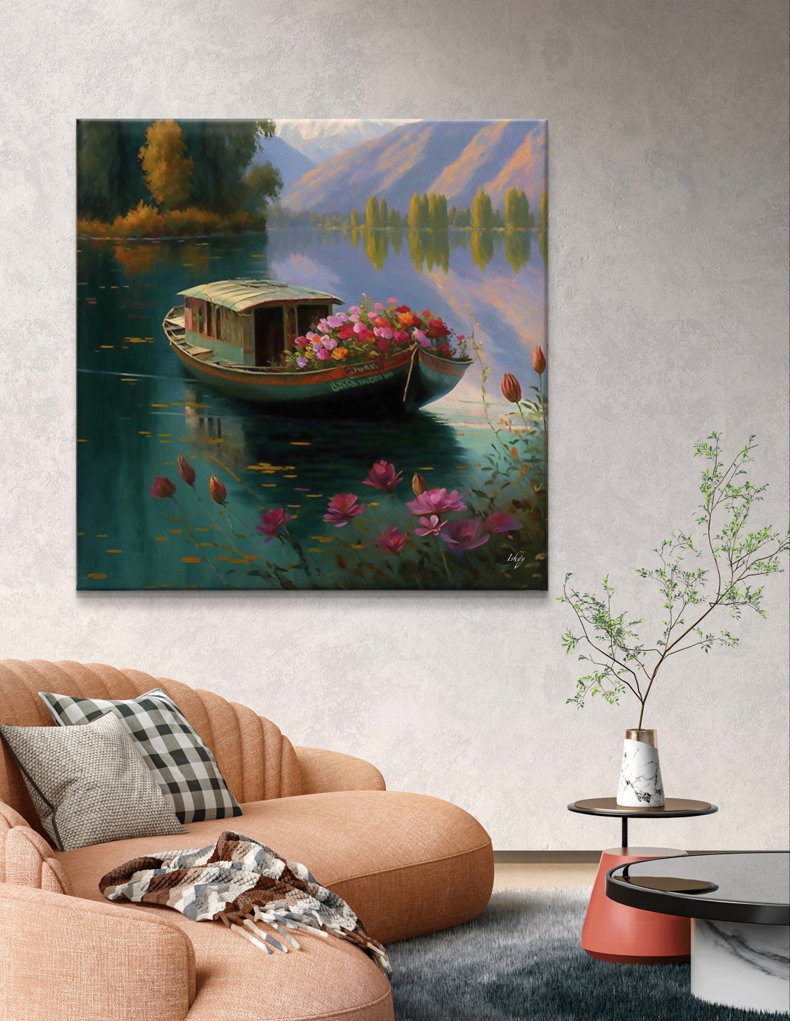 Flower-Laden Houseboat on a Calm Himalayan Lake Sunset Poster - Image 6