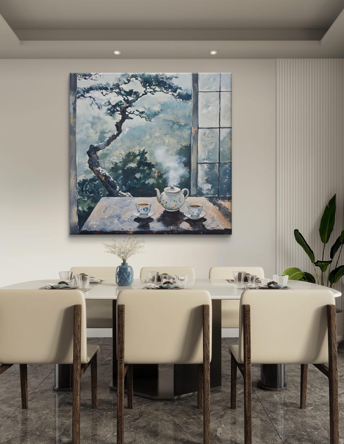 Serene Tea Time by the Window Pine Tree Mountain View Poster - Image 5