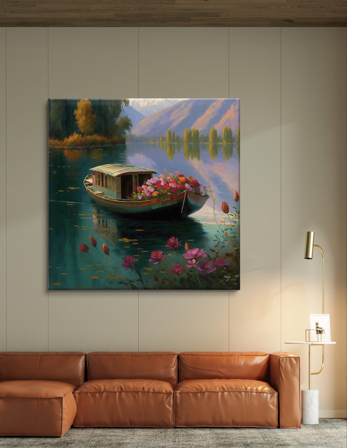 Flower-Laden Houseboat on a Calm Himalayan Lake Sunset Poster - Image 5