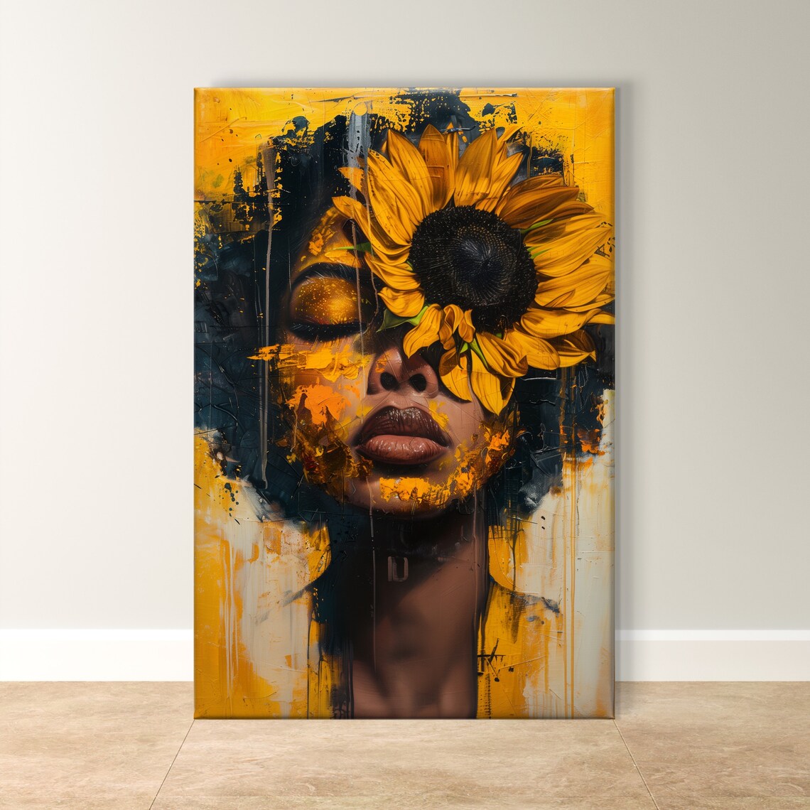 Woman Portrait with Sunflower Covering One Eye in Gold Tones Poster