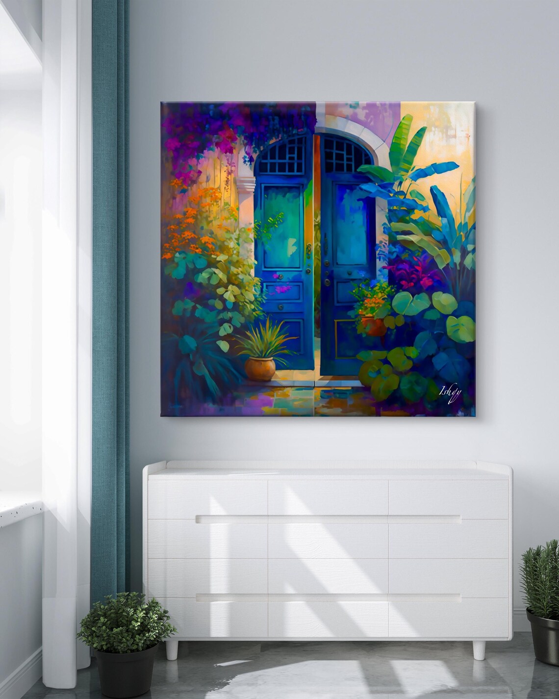 Vibrant Blue Doorway Framed by Lush Tropical Plants Garden Poster - Image 5
