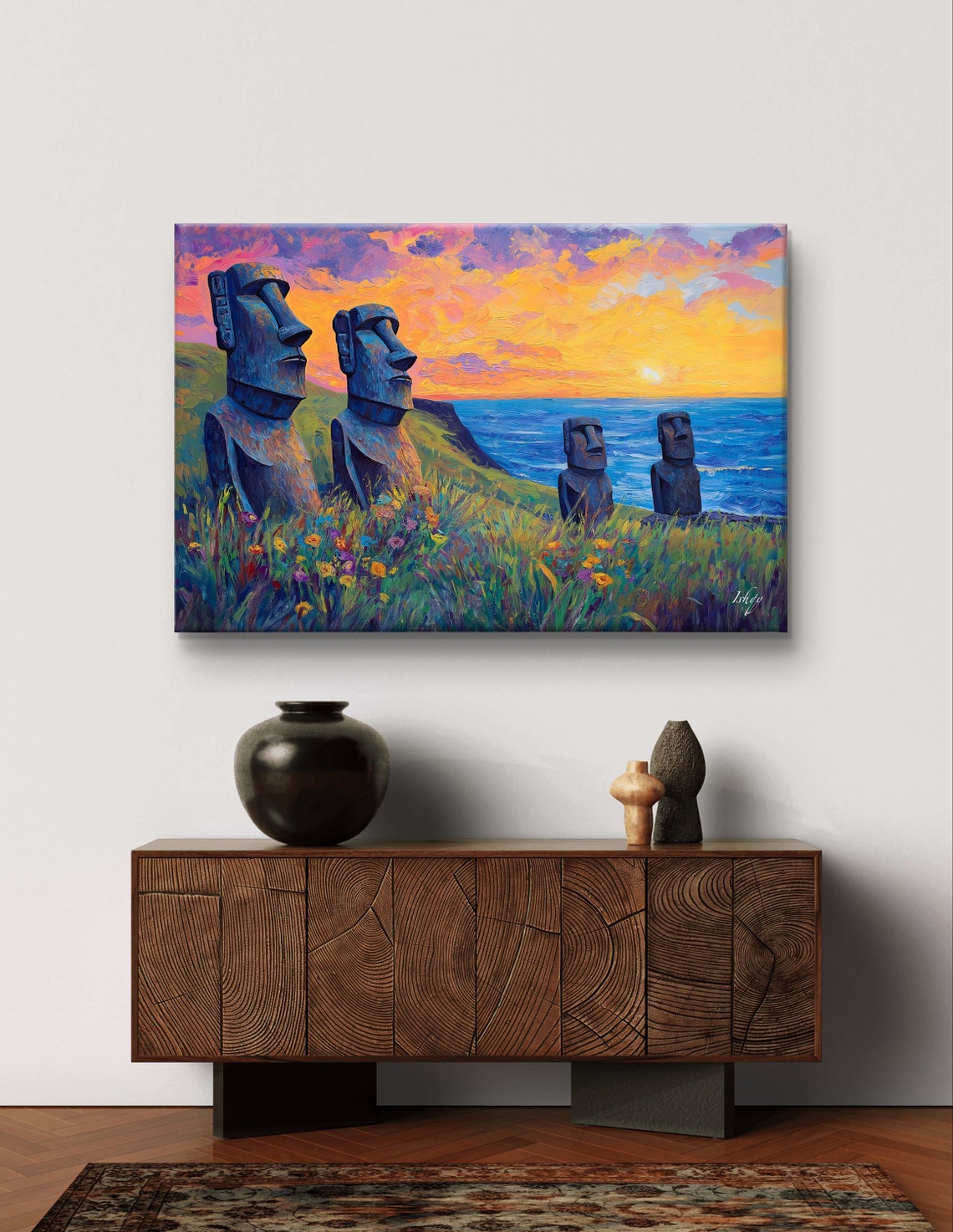 Easter Island Moai Statues at Sunset Over Ocean and Wildflowers Poster - Image 7
