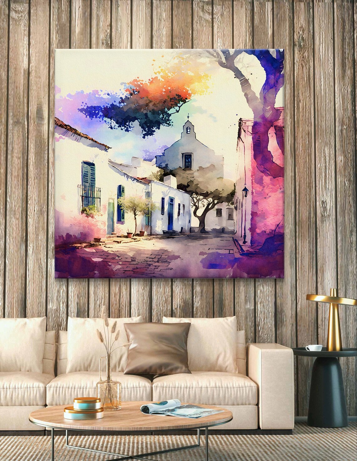 White Colonial Chapel Watercolor Village Street Serene Poster - Image 6