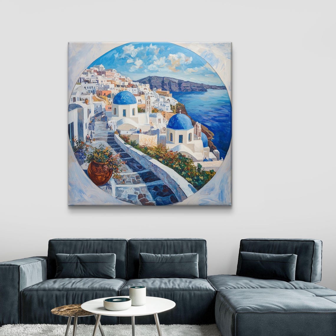 Santorini Greece Blue Domes Coastal Town Painting Art Poster - Image 5